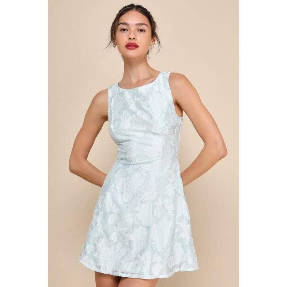 Lulus Exquisite Moments Mint Floral Jacquard Sleeveless Mini Dress Blue - Size L